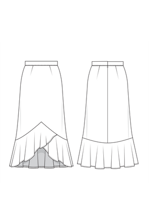Line drawings of Rosalie darted midi skirt with flounce. Front and Back view.