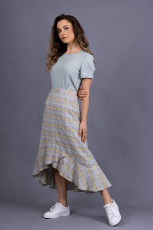 Rosalie darted midi skirt in sherbet plaid, with Iris tee in green, three quarter view