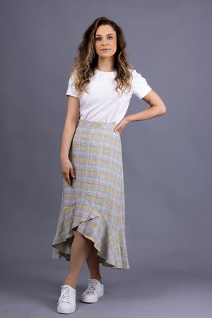 Rosalie darted midi skirt in sherbet plaid, with Iris tee in white, front view