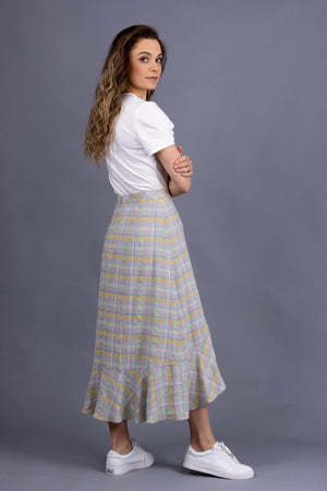Rosalie darted midi skirt in sherbet plaid, with Iris tee in white, side view