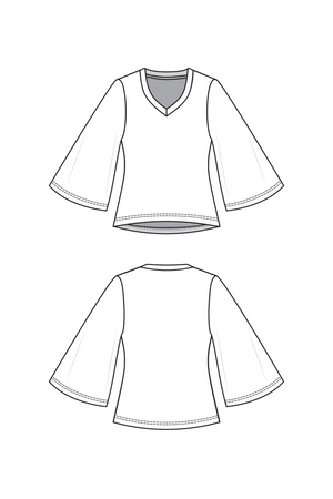 Forget-Me-Not Vera V-neck knit top, bell sleeve view, line drawing of front and back