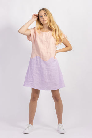 Forget-me-not April A-line dress in peach and lilac linen colour-block, front view