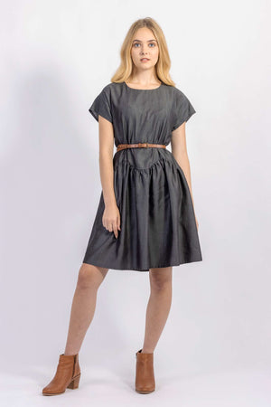 Forget-me-not April A-line dress in dark gray Tencel suiting with leather belt