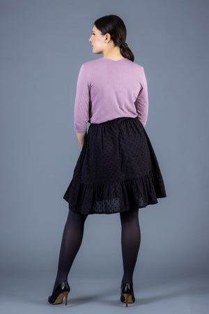 Forget-Me-Not Viola draped knit top pattern in mauve, full back view