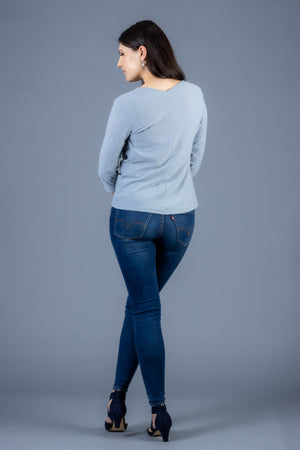 Forget-Me-Not Viola draped knit top pattern in light blue, full back view