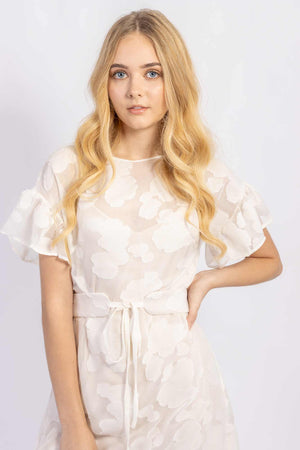 Forget-me-not Lola dress with ruffle sleeve and Gemma tie belt in sheer patterned silk, close up view