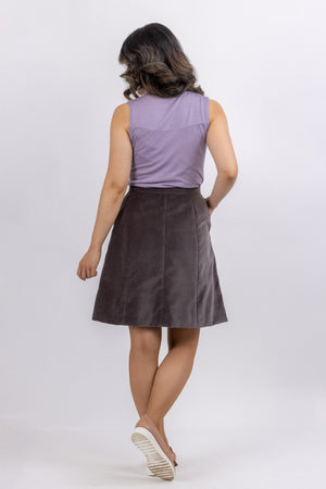 Natalie A-line gored skirt pattern from Forget-me-not Patterns, sewn in grey velveteen, back view