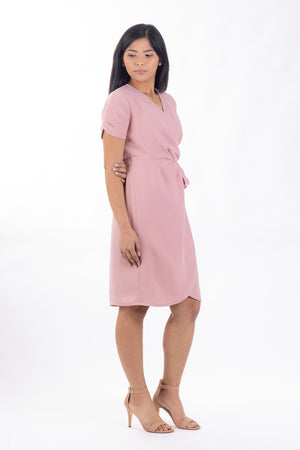 Forget-Me-Not Adeline wrap dress pattern: full length side view of dress in pink