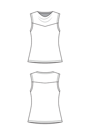 Sylvie top line drawings, sleeveless view with cowl neck, front and back views