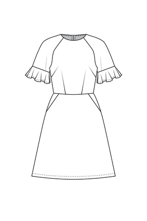 Forget-Me-Not Valerie flounce sleeve dress pattern, line drawing of front view