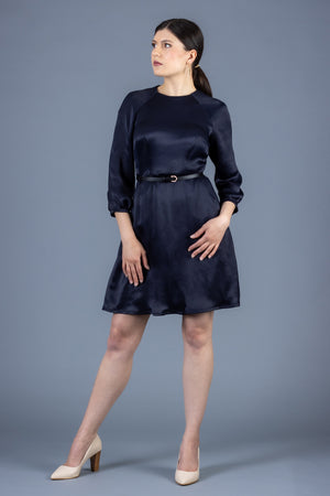 Forget-Me-Not Valerie three-quarter sleeve dress pattern in navy satin, full-length front shot