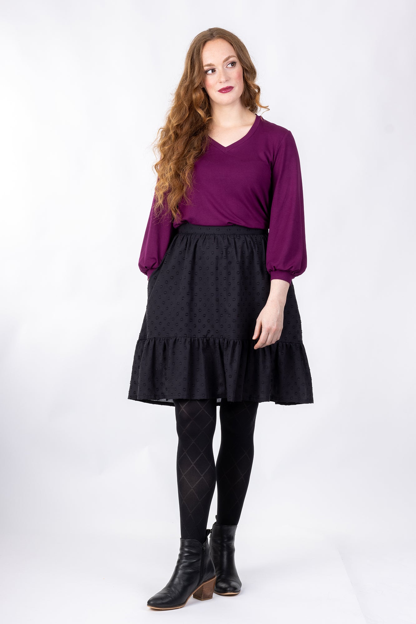 Forget-Me-Not Vera three-quarter gathered sleeve knit top pattern in magenta, full front view