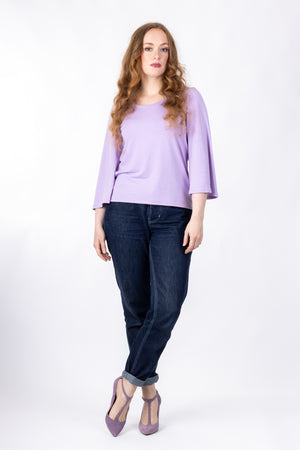 Scoop neck pattern expansion for Vera shirt, in lilac with wide three quarter sleeves, full front view