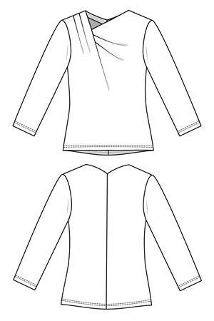 Line drawing of Forget-me-not Patterns Viola draped knit top, collarless view, front and back