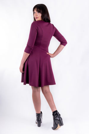 Forget-Me-Not Clementine three-quarter sleeved dress pattern, full length rear view, in magenta.