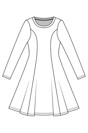 Forget-Me-Not Clementine long sleeved dress pattern, line drawing, front view.