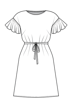 Forget-me-not Lola dress view with ruffle sleeve and boat neck, line drawing of front view