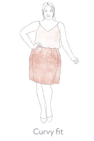 Forget-Me-Not Sabrina perfect fit short pencil skirt pattern, illustration of curvy fit