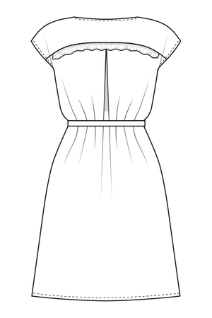 Forget-Me-Not Lola short sleeve blouse pattern, rear line drawing of dress featuring ruffle