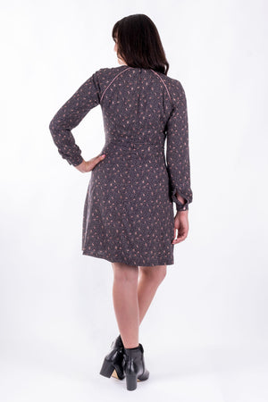 Forget-Me-Not Valerie long sleeve dress pattern in navy and pink print, full-length rear shot