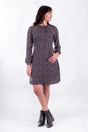 Forget-Me-Not Valerie long sleeve dress pattern in navy and pink, full-length front shot highlighting pocket