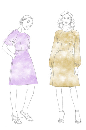 Forget-Me-Not Valerie long sleeve and short sleeve dress pattern illustration