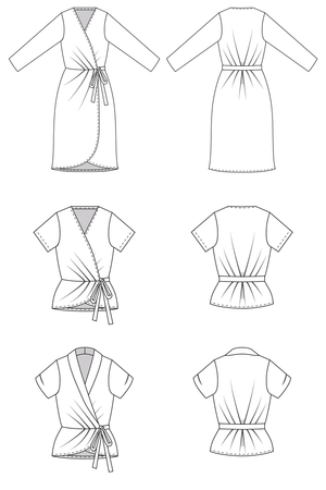 Forget-Me-Not Adeline wrap dress and shirt patterns: line drawings of long sleeved dress and short sleeve shirt
