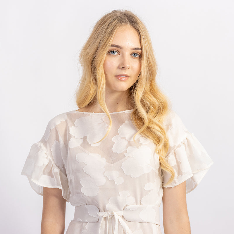 Forget-me-not Lola dress with ruffle sleeve and Gemma tie belt in sheer patterned silk, close up view