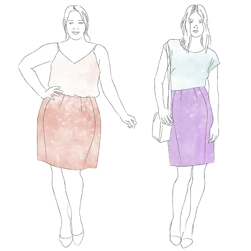 Sketches of the Sabrina pencil skirt in mid and curvy fits