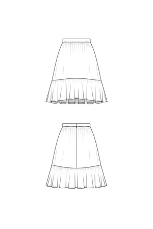 Forget-Me-Not Ella gathered skirt pattern, short view, line drawing of front and back view