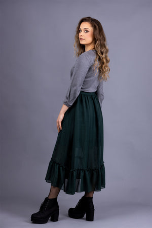 Forget-Me-Not Ella long skirt pattern in bottle green, worn with Iris pleated tee, full-length side view