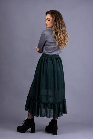 Forget-Me-Not Ella long skirt pattern in bottle green, worn with Iris pleated tee, full-length back view