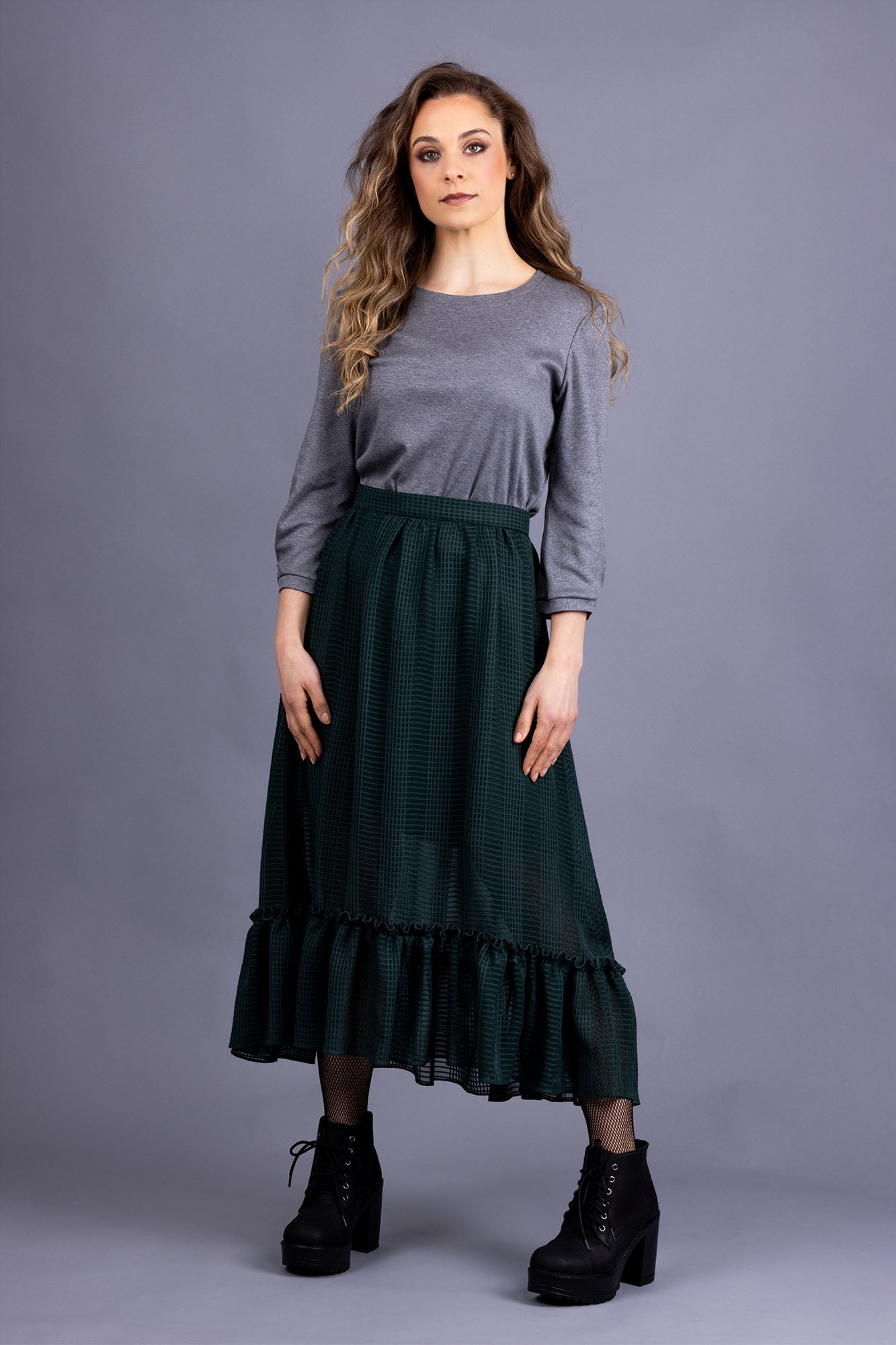 Forget-Me-Not Ella long skirt pattern in bottle green, worn with Iris pleated tee, full-length front view