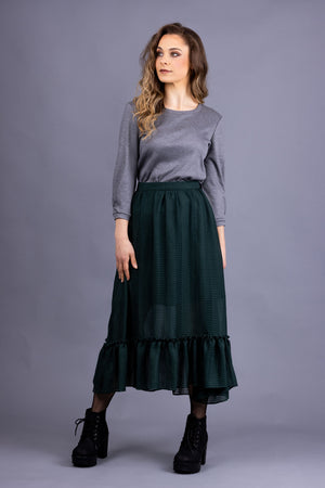 Forget-Me-Not Iris tee pattern with three-quarter pleated sleeve in grey, full-length front view, worn with Ella skirt in bottle green