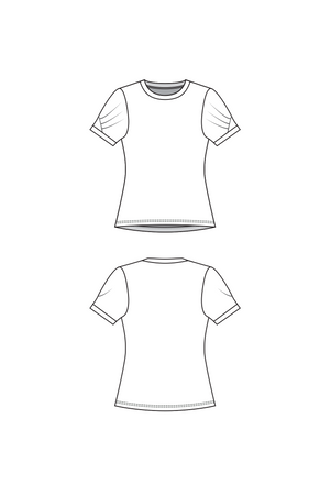 Forget-Me-Not Iris pleated tee pattern, short sleeves, line drawing of front and rear view