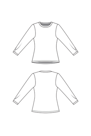 Forget-Me-Not Iris pleated three quarter sleeve tee pattern, line drawing, front and rear view