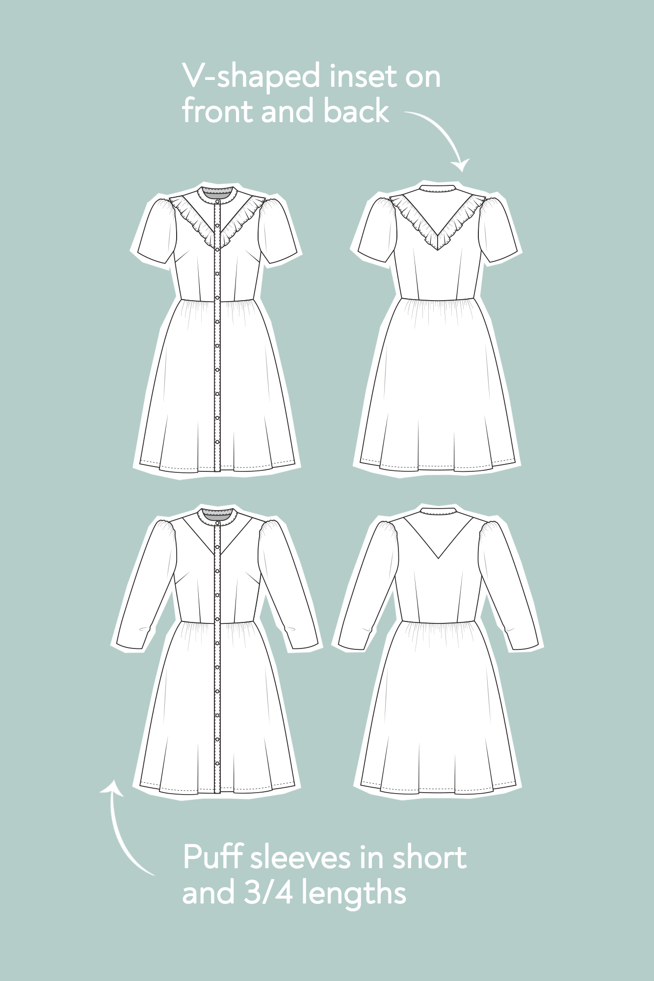 Line drawings for Kelly shirt dress showing front views