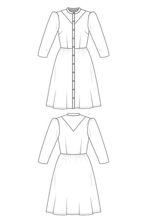 Line drawings for the Kelly shirt dress showing three-quarter sleeve view