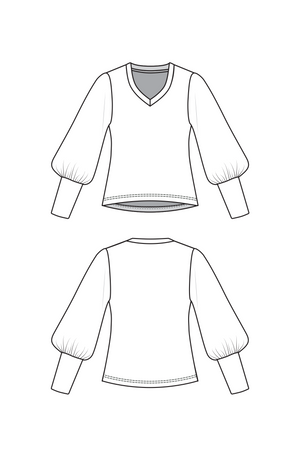 Forget-Me-Not Vera V-neck knit top, bishop sleeve view with long cuff, line drawing of front and back