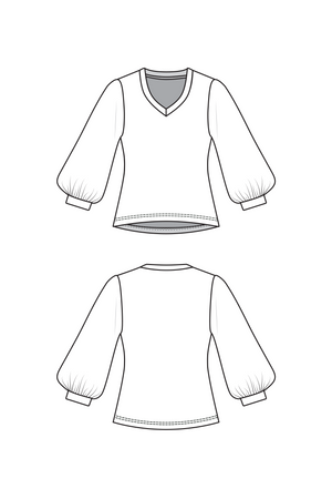 Forget-Me-Not Vera V-neck knit top, bishop sleeve view with short cuff, line drawing of front and back