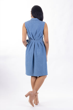 Forget-Me-Not Adeline wrap dress pattern: full length rear view of sleeveless version of dress in blue