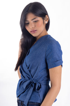 Forget-Me-Not Adeline wrap shirt pattern: side view of short sleeve shirt in blue with white polka dots