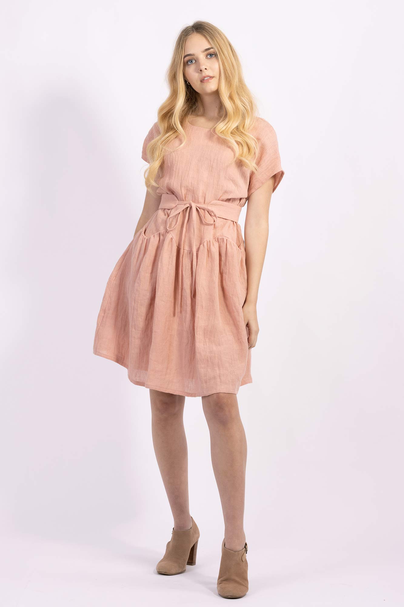 Forget-me-not April A-line dress and Gemma tie belt in apricot crinkle linen, front view