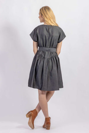 Forget-me-not April A-line dress and Gemma belt in Dark gray Tencel suiting, back view