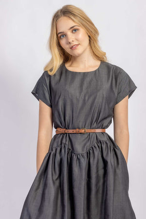 April A-Line Dress in tencel grey fabric with leather belt, close-up view