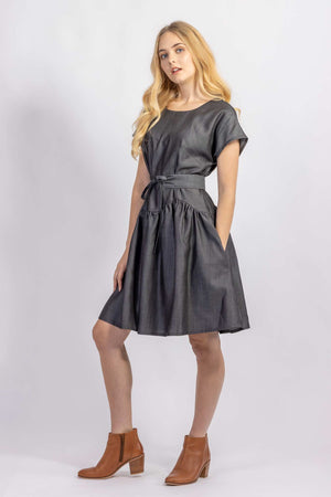 Forget-me-not April A-line dress and Gemma belt in Dark gray Tencel suiting, side view