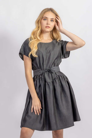 Forget-me-not April A-line dress and Gemma belt in Dark gray Tencel suiting, close-up view