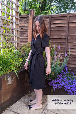 Forget-Me-Not Adeline wrap dress pattern: side view of short sleeve dress made by @cdavies125