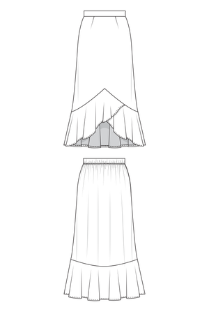 The Rosalie flounce skirt line drawings, front and back