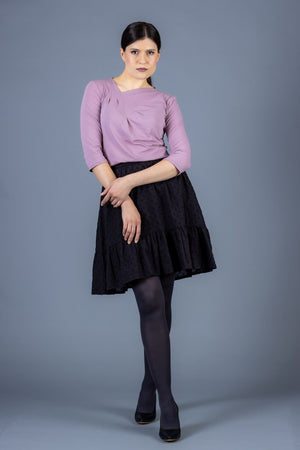 Forget-me-not Viola top in mauve paired with Ella skirt in black, full front view.